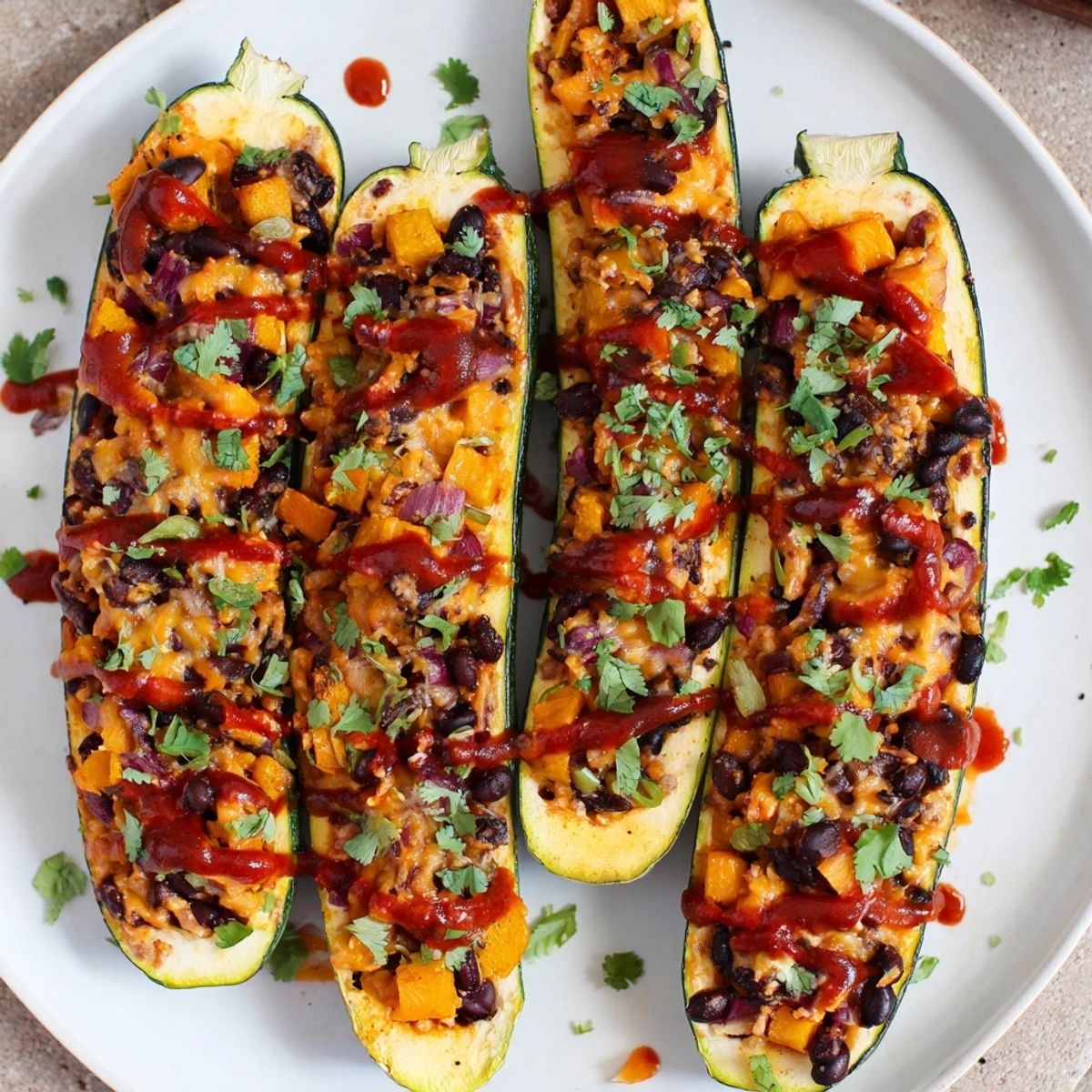 A close-up of Black Bean and Butternut Squash Enchilada Boats with melted cheese and fresh cilantro.