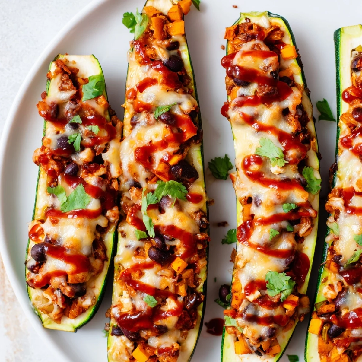 Stuffed zucchini shells filled with roasted butternut squash and black beans in tangy enchilada sauce.