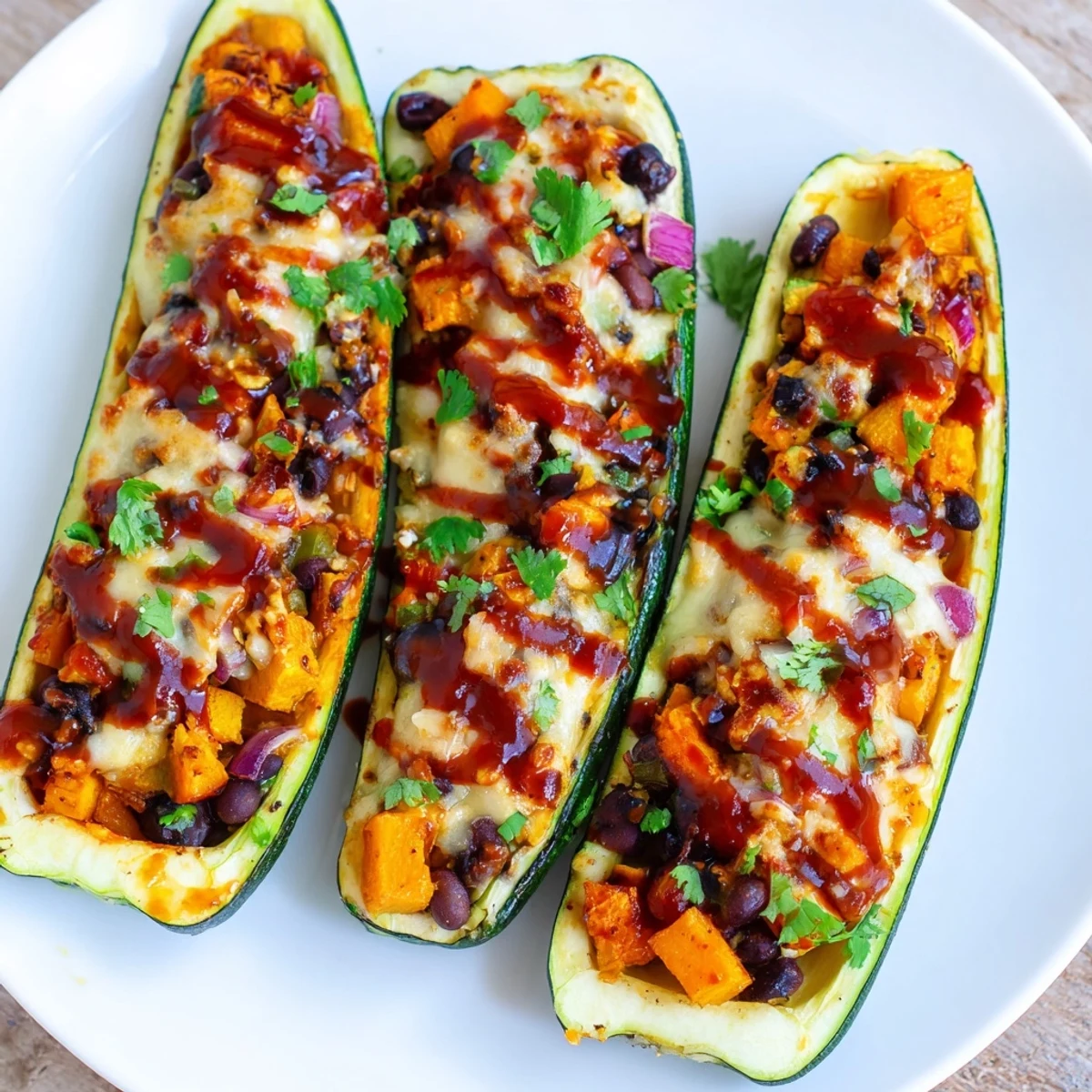 Vegetarian enchilada boats topped with avocado and Monterey Jack cheese served on a rustic wooden board.