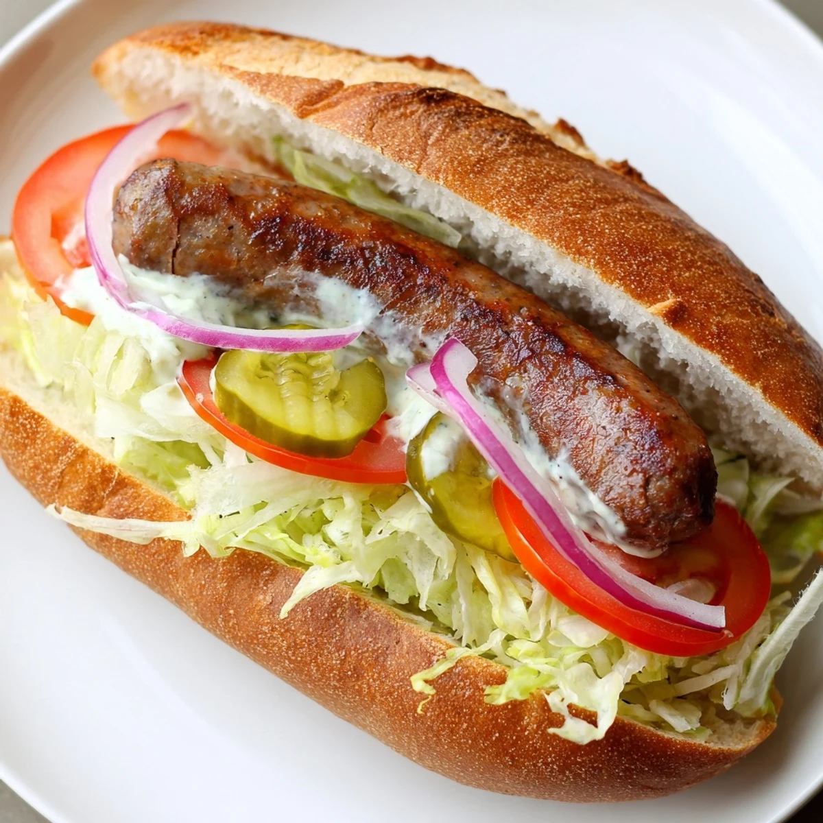 In a rustic kitchen setting, the Grilled Cajun Beef Sausage Po Boy Sandwich is served with a side of chips, highlighting the toasted bread and creamy Creole remoulade.