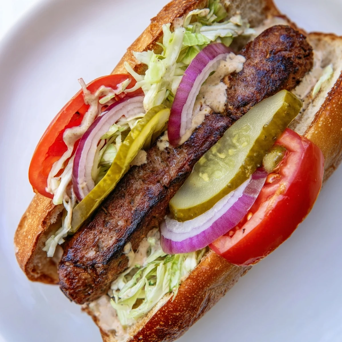 A close-up of a Grilled Cajun Beef Sausage Po Boy Sandwich on a plate, showcasing the juicy sausage, crisp lettuce, ripe tomato slices, and pickles peeking out of the crusty baguette.