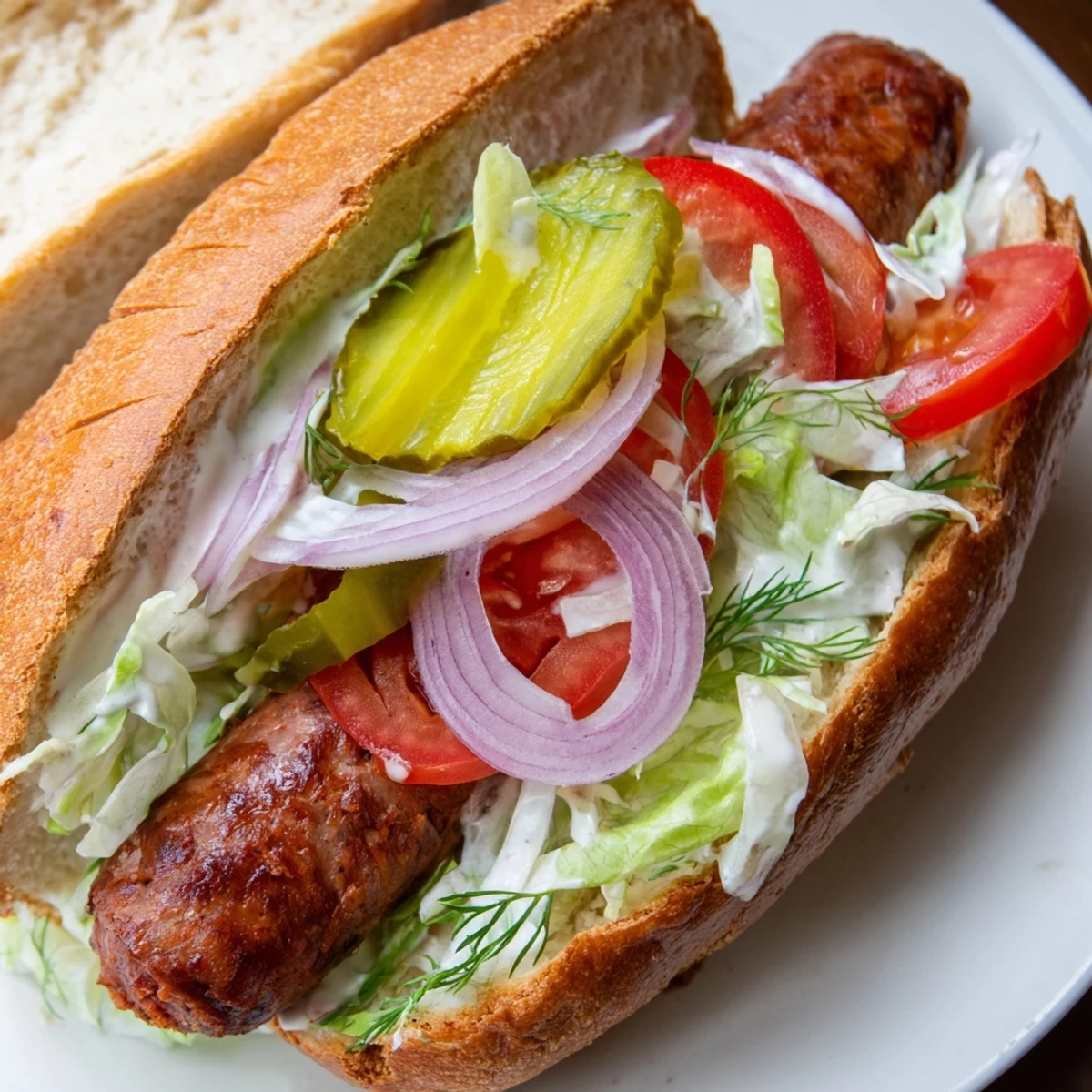 Detailed view of a Grilled Cajun Beef Sausage Po Boy Sandwich being held by hand, revealing the vibrant layers of fresh vegetables and the perfectly grilled, spicy beef sausage.