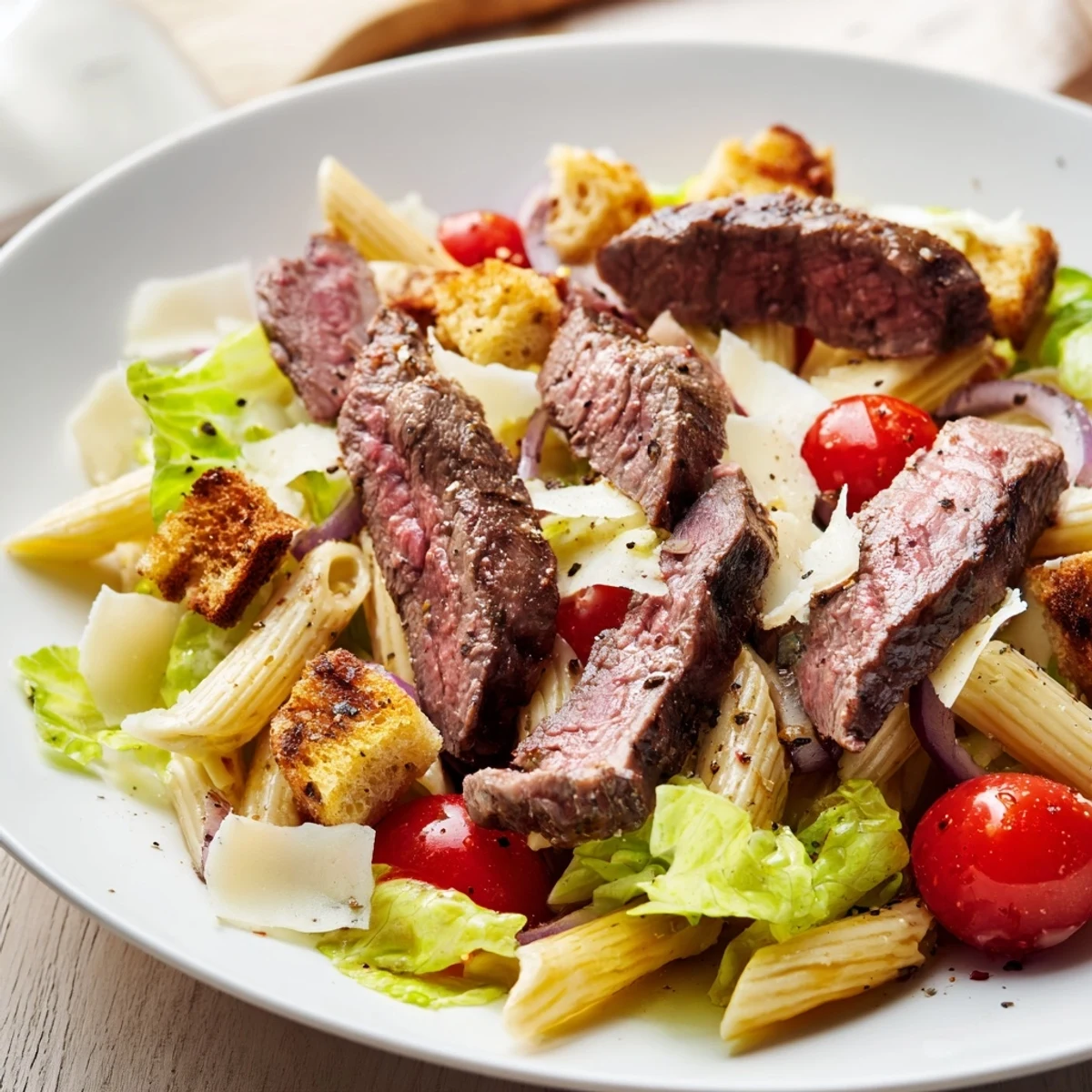 A close view of the Flavorful Steak Caesar Pasta Salad shows shaved Parmesan, crunchy croutons, and creamy Caesar dressing coating al dente pasta.