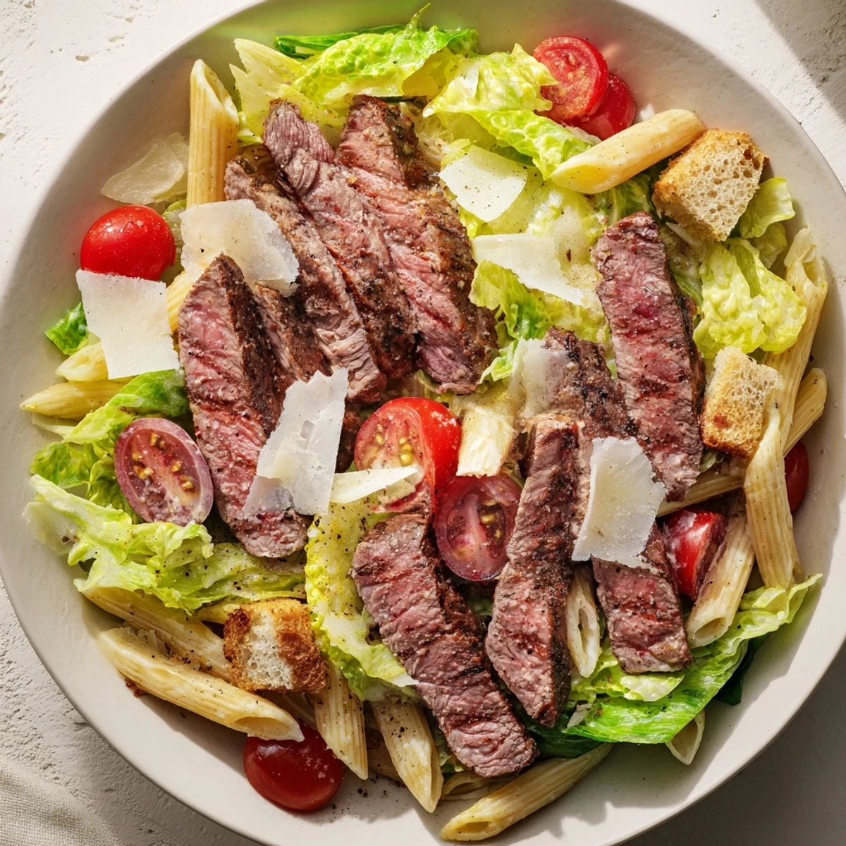Served chilled on a white platter, the Flavorful Steak Caesar Pasta Salad highlights juicy steak pieces, red onion ribbons, and tossed greens.