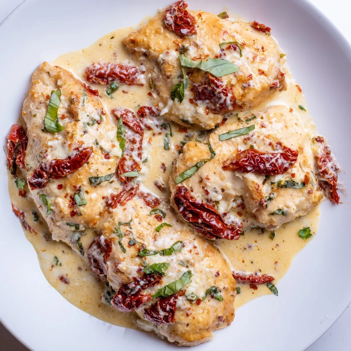 Golden seared chicken breasts nestled in a creamy sun-dried tomato sauce, garnished with fresh basil leaves.
