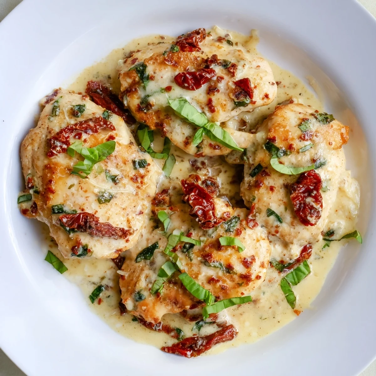 A close-up view of tender chicken in a rich, cheesy sauce with sun-dried tomatoes, perfect over pasta.