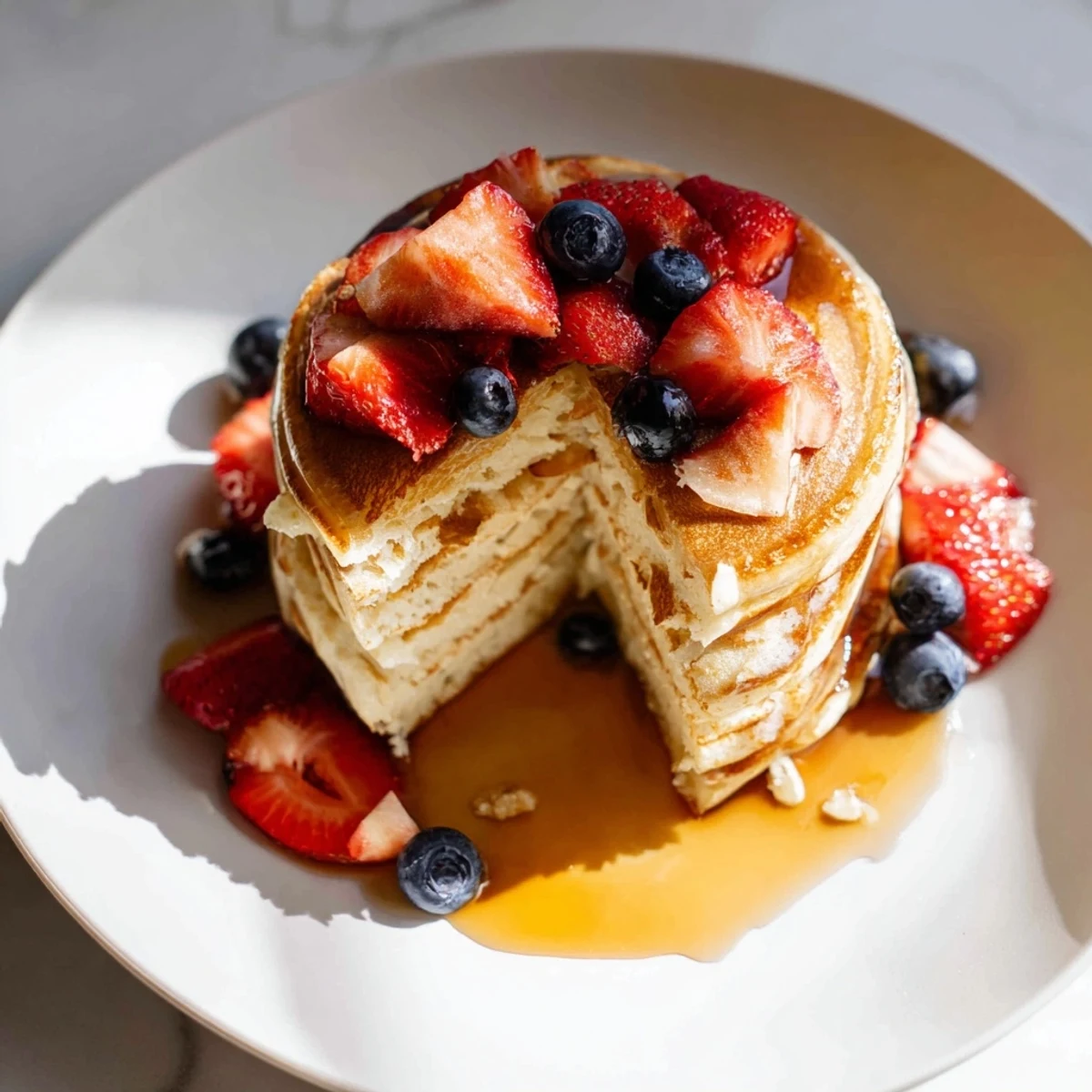 A close-up of golden-brown Sourdough Discard Pancakes stacked high, drizzled with warm maple syrup and topped with fresh berries.