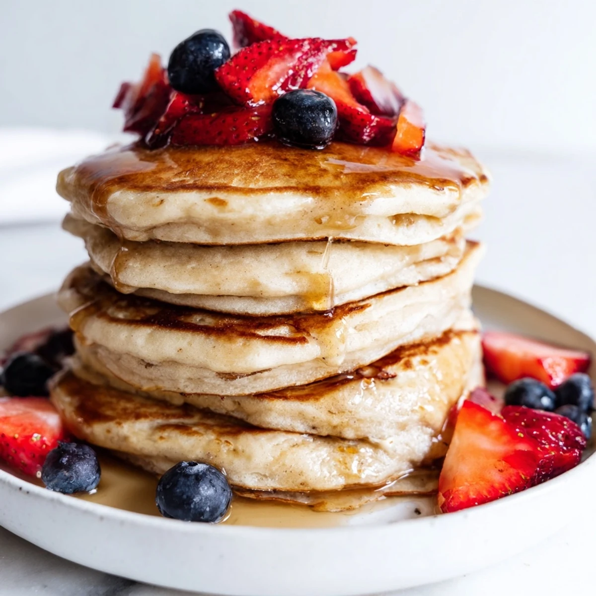 A breakfast plate featuring fluffy Sourdough Discard Pancakes served with a pat of butter and a side of sliced bananas.