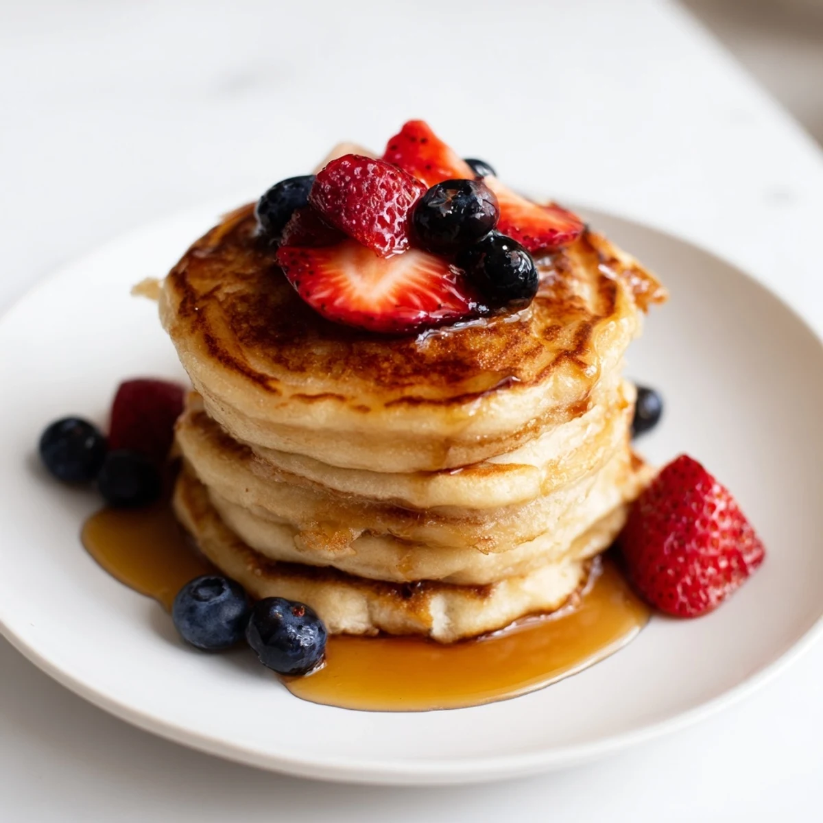 A griddle with several bubbling Sourdough Discard Pancakes cooking, their edges set and tops ready for a quick flip.