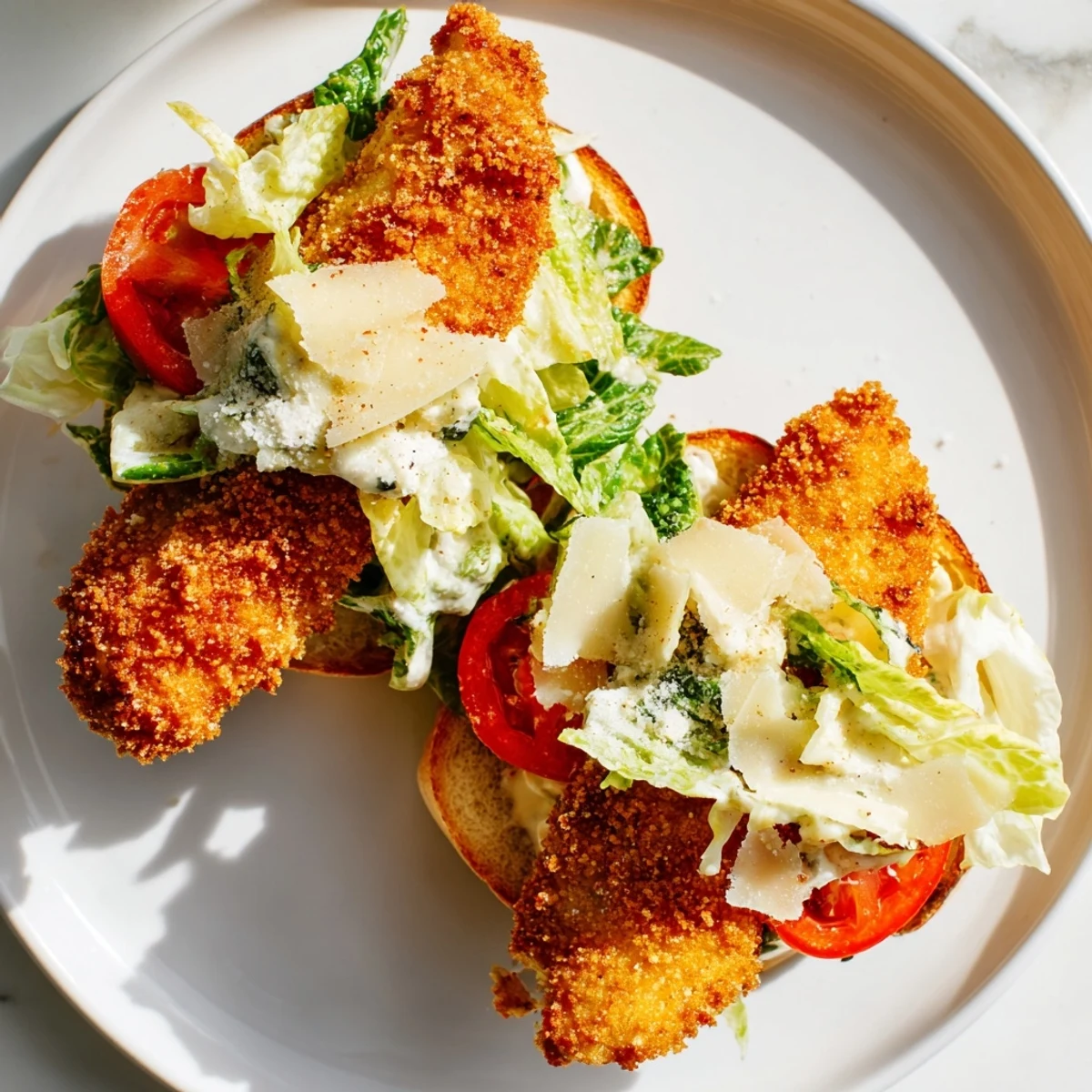 Close-up of a golden-brown Marry Me Crispy Chicken Caesar Sandwich on a toasted bun.