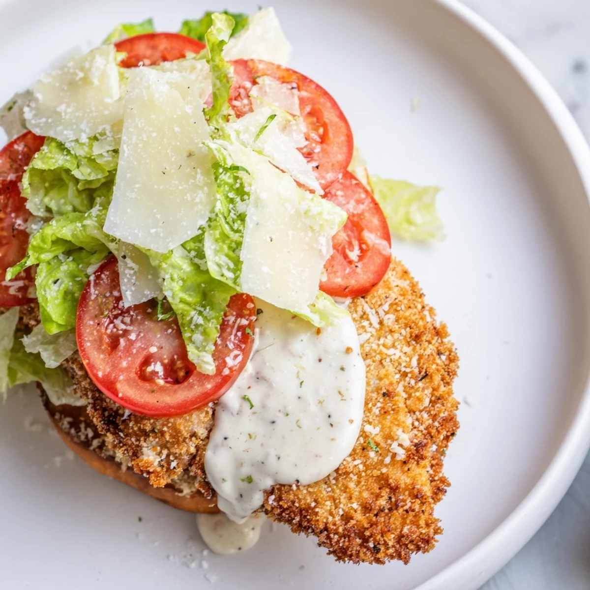 The Marry Me Crispy Chicken Caesar Sandwich features fresh romaine and shaved Parmesan.
