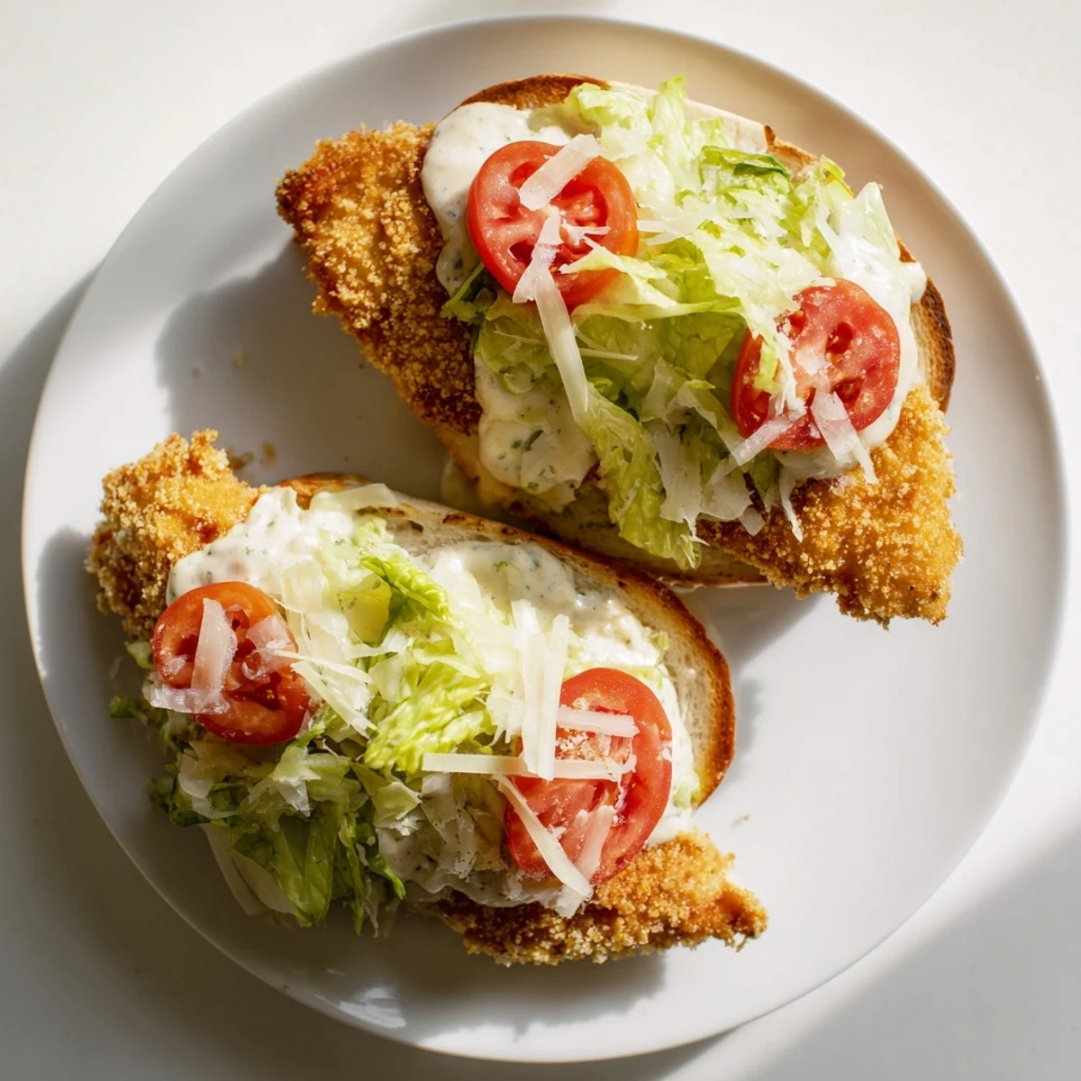 A handheld Marry Me Crispy Chicken Caesar Sandwich served with lemon wedges and herbs.