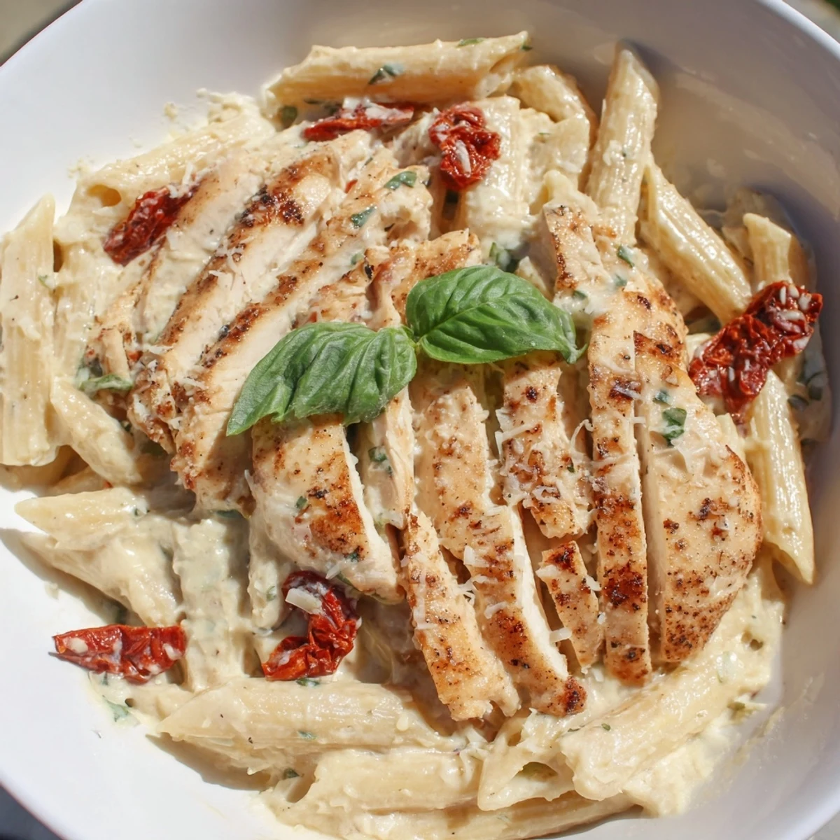 Creamy Marry Me Garlic Parmesan Chicken Pasta in a white bowl, garnished with fresh basil and extra Parmesan, ready to serve.