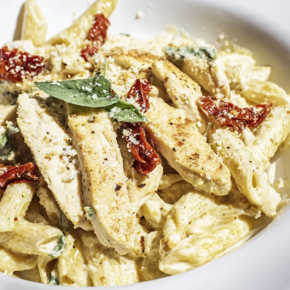 Marry Me Garlic Parmesan Chicken Pasta with sliced chicken, penne, and sun-dried tomatoes tossed in a luscious garlic cream sauce.