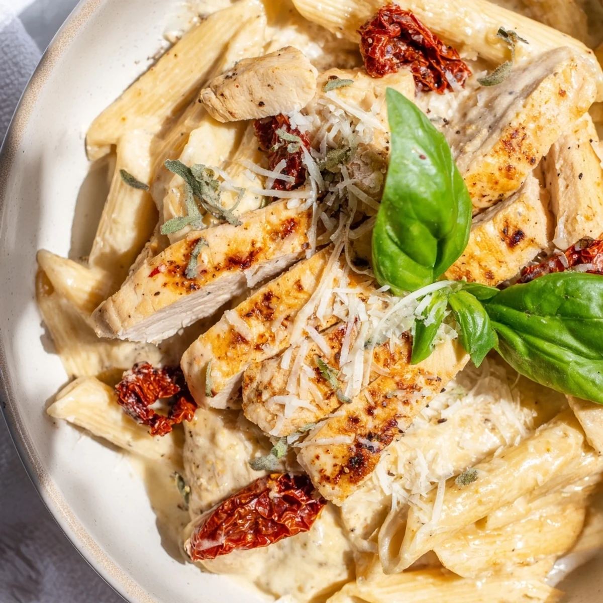 A close-up of Marry Me Garlic Parmesan Chicken Pasta, steam rising from the cheesy, garlicky noodles and tender chicken pieces.
