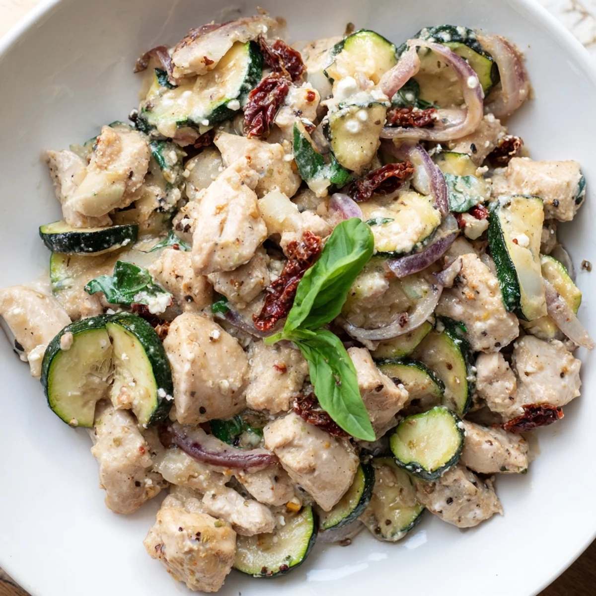 Juicy chicken and zucchini slices baked with sun-dried tomatoes, creamy feta, and melty mozzarella in a Marry Me Mediterranean Chicken Zucchini Bake.