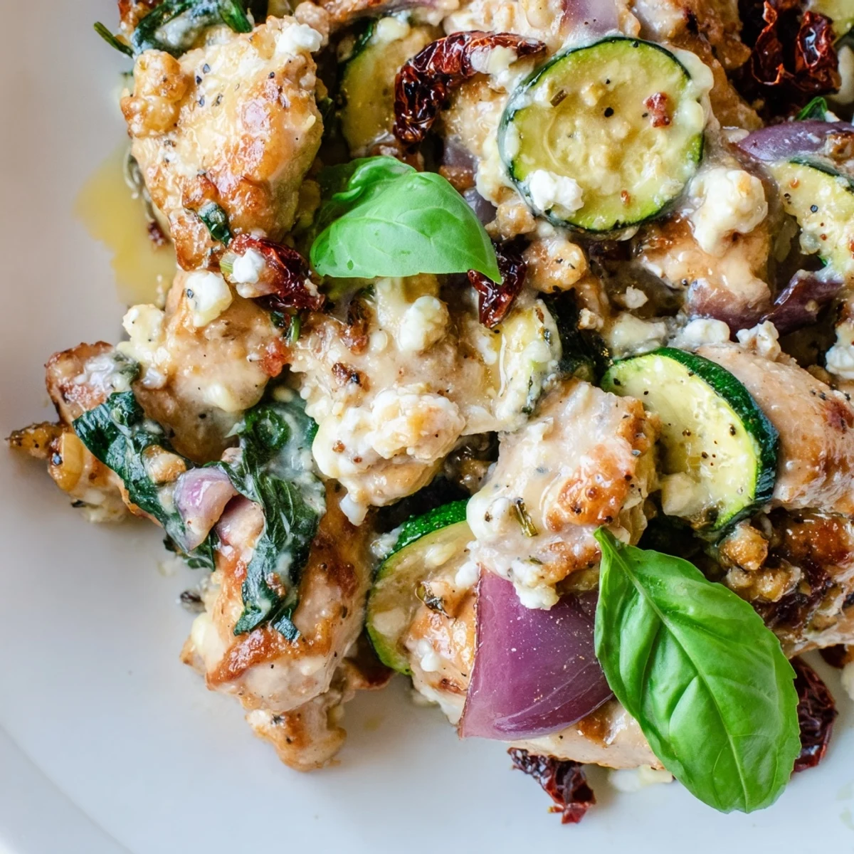 Tender chicken pieces and half-moon zucchini in a golden, bubbling Marry Me Mediterranean Chicken Zucchini Bake, topped with fresh basil for serving.
