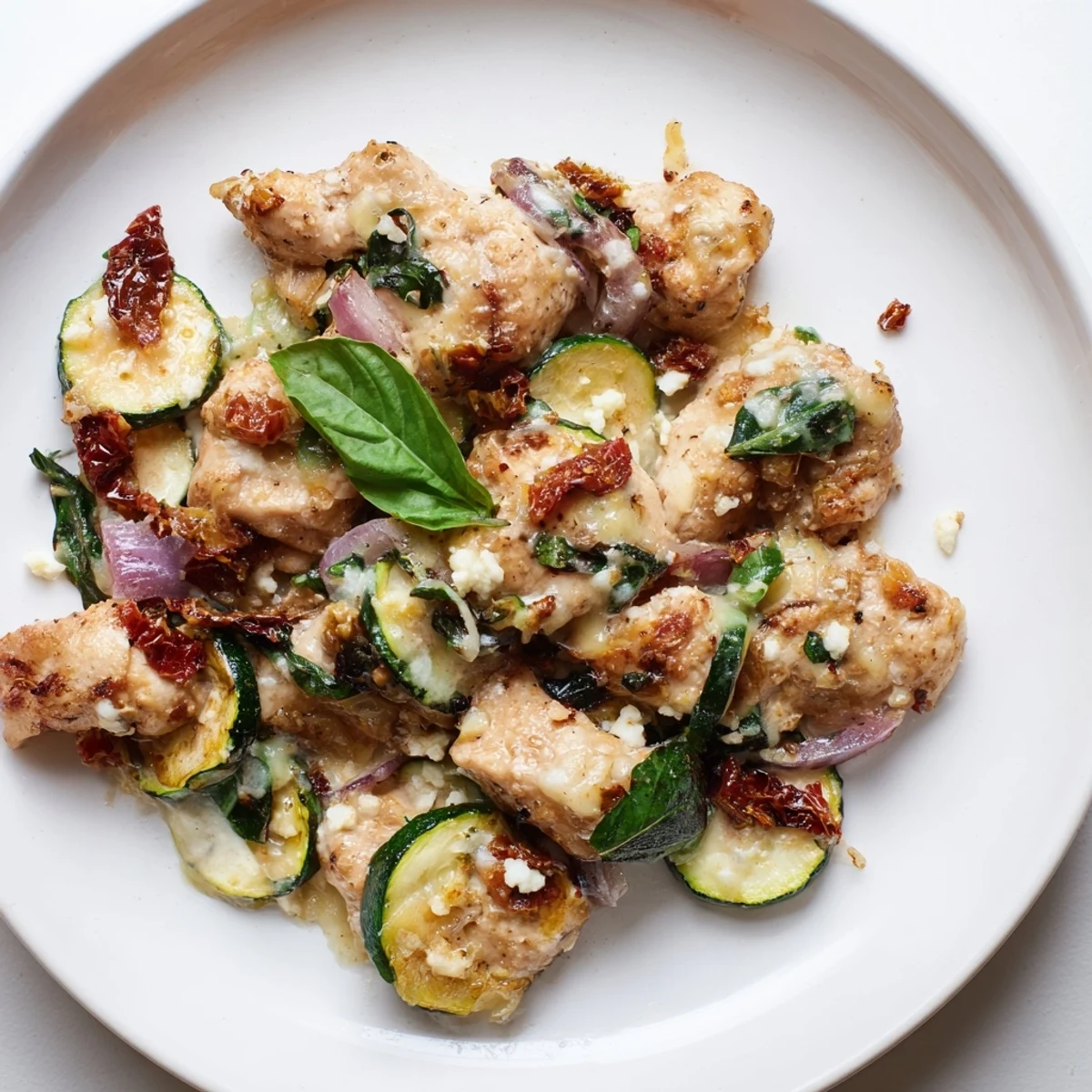 A warm skillet casserole of Marry Me Mediterranean Chicken Zucchini Bake with Mediterranean herbs, creamy sauce, and vibrant red sun-dried tomatoes.