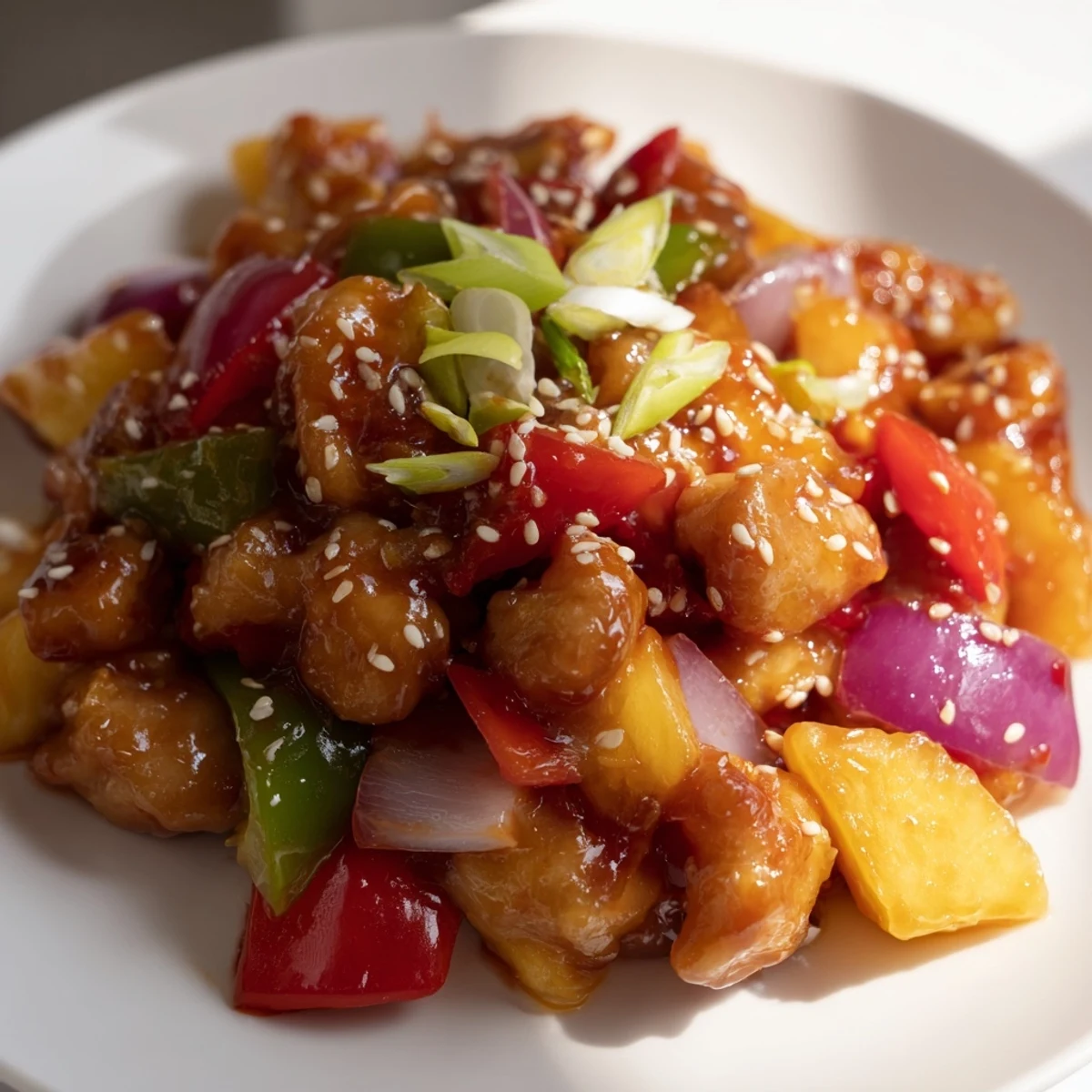 Golden pineapple chunks and crisp bell peppers mingle with tender chicken in a sweet chili sauce, garnished with sesame seeds and scallions.