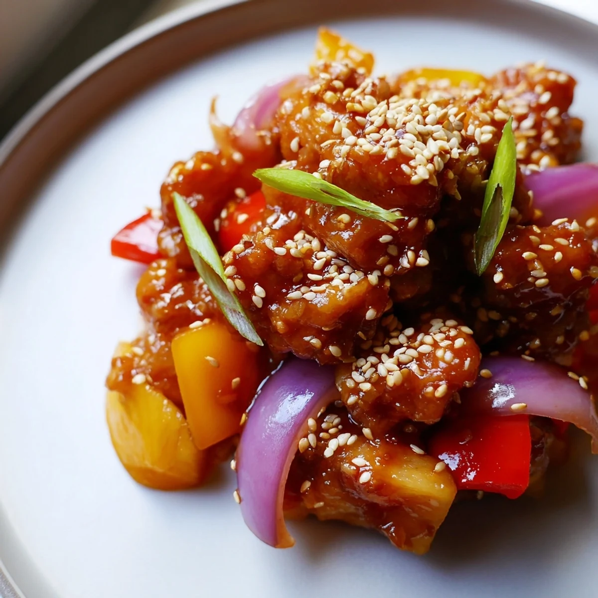 A close-up of Pineapple Chicken Stir Fry with sweet chili glaze, served over fluffy jasmine rice and topped with toasted sesame seeds.