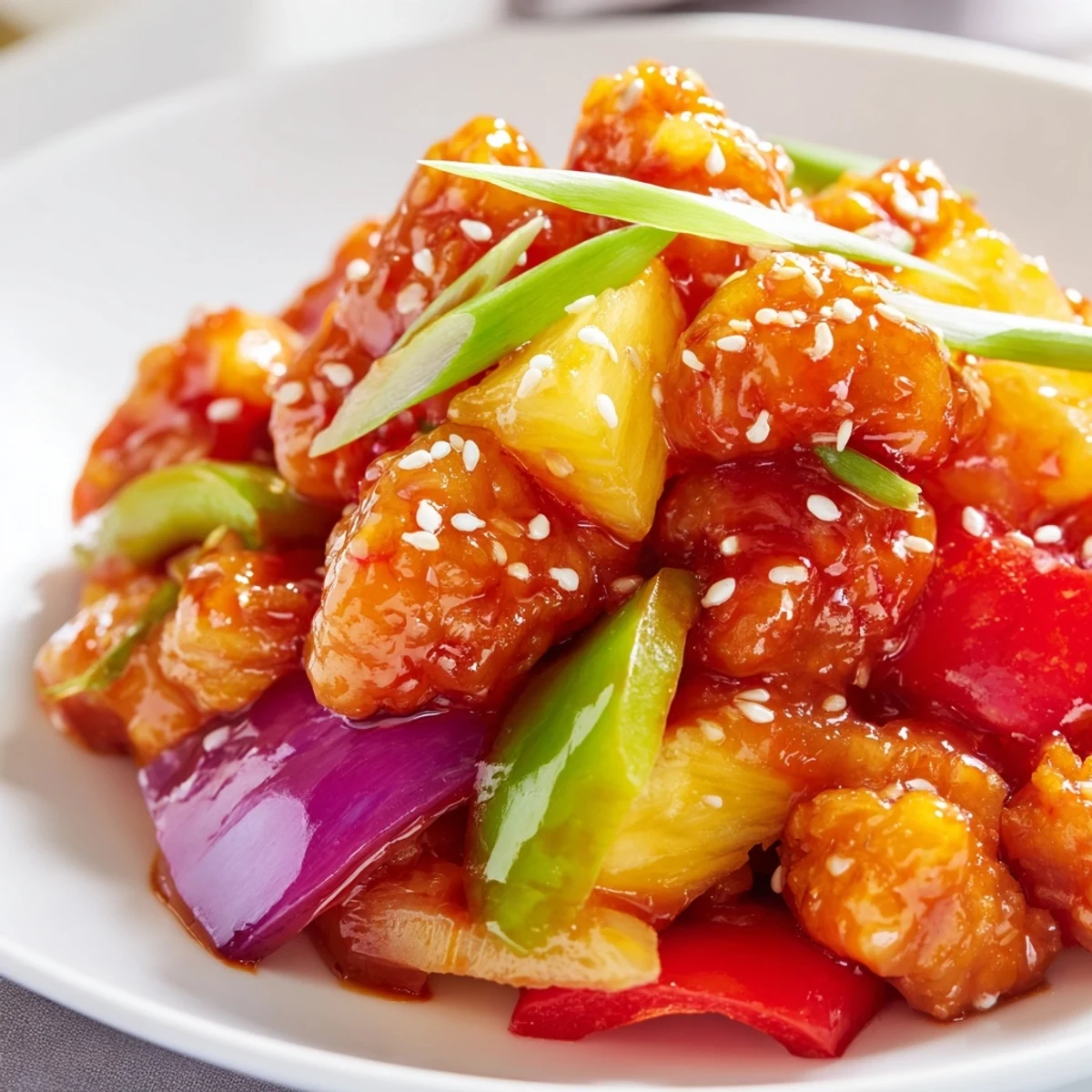 Wok-seared Pineapple Chicken Stir Fry shows juicy pineapple, vibrant bell peppers, and sesame seeds in a glossy, sweet-and-savory sauce.