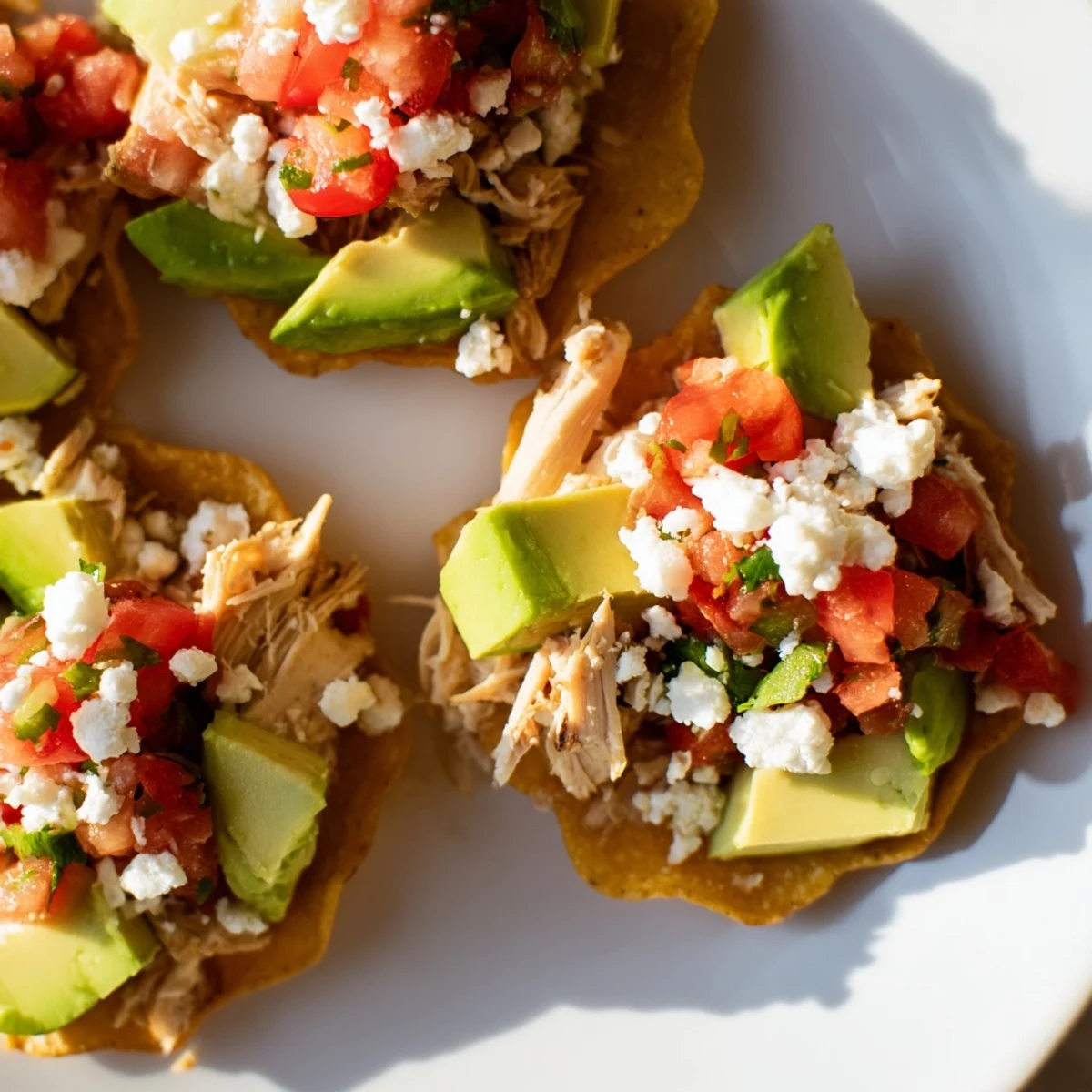 Golden, crispy mini chicken tostadas topped with fresh pico de gallo and creamy avocado slices.