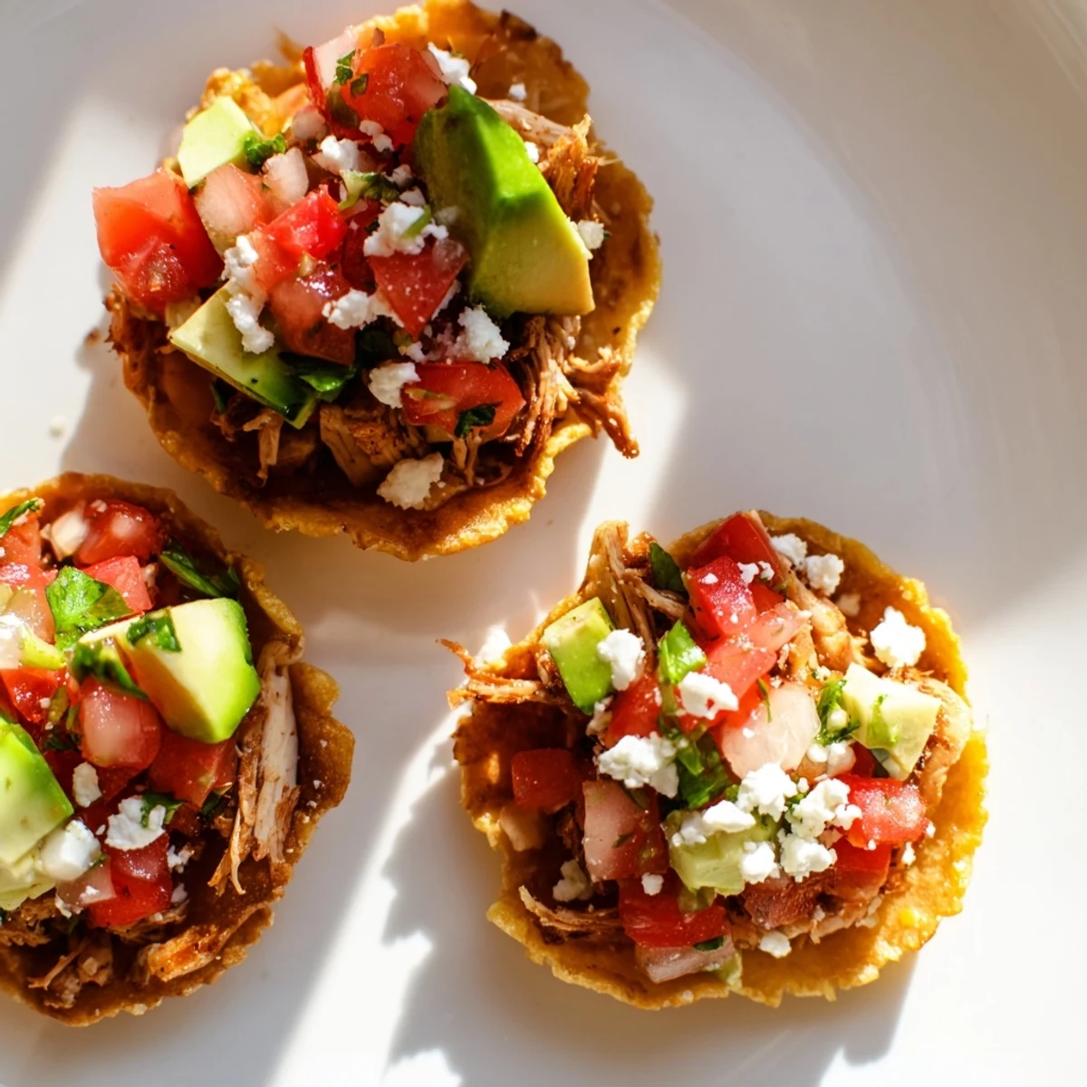 Savory mini chicken tostadas featuring shredded cumin-spiced chicken and a drizzle of sour cream.
