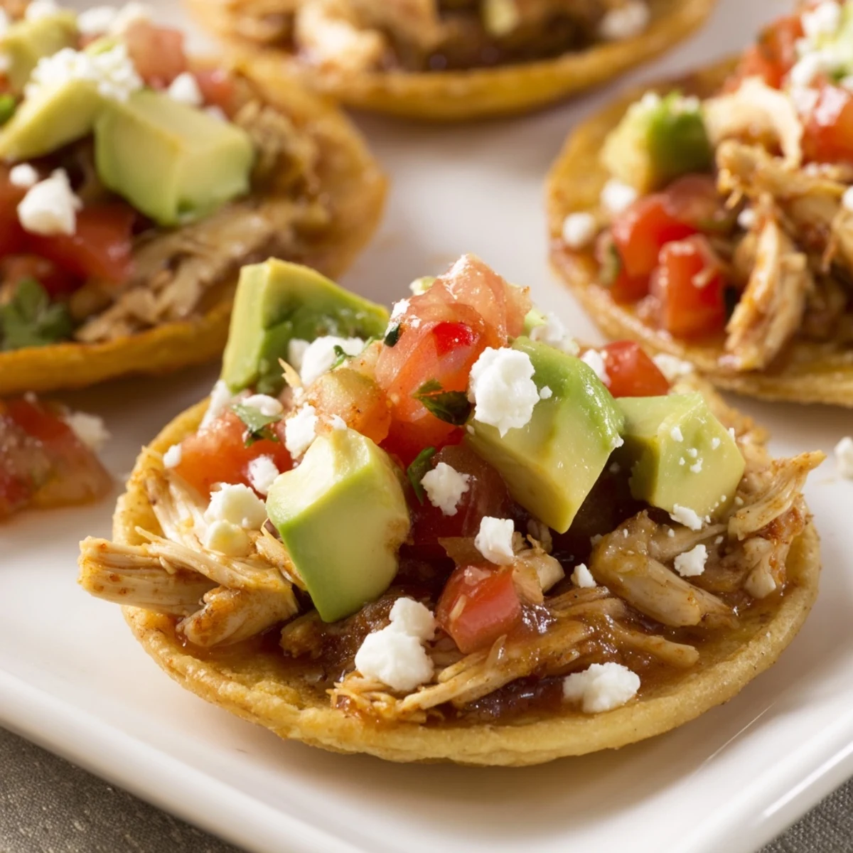 Bite-sized crispy mini chicken tostadas loaded with lettuce, queso fresco, and fresh lime wedges.