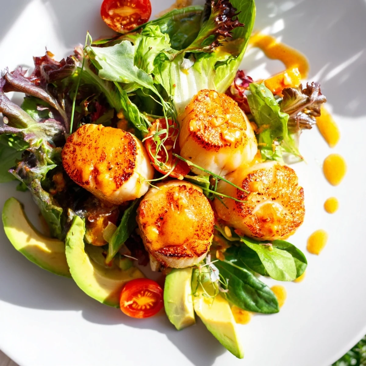 Pan seared scallops sit atop crisp greens, cherry tomatoes, and avocado slices in this romantic dinner salad.
