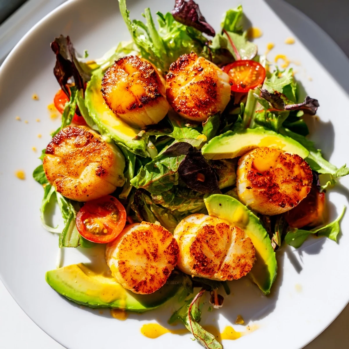 For a romantic dinner, golden seared scallops are arranged on mixed baby greens with a bright citrus drizzle.