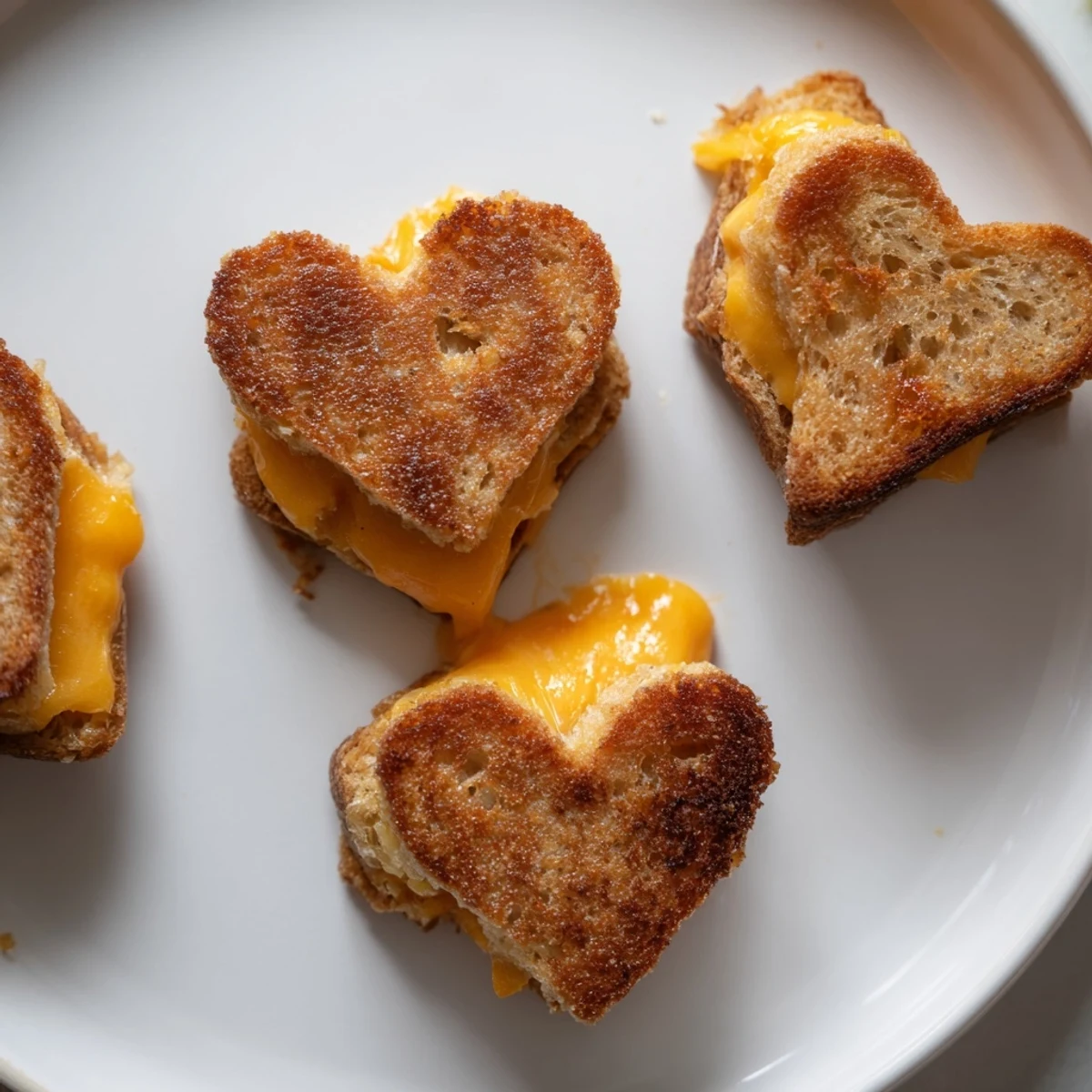 Golden-brown Mini Grilled Cheese Hearts sizzling in a skillet with melty cheddar ooze.
