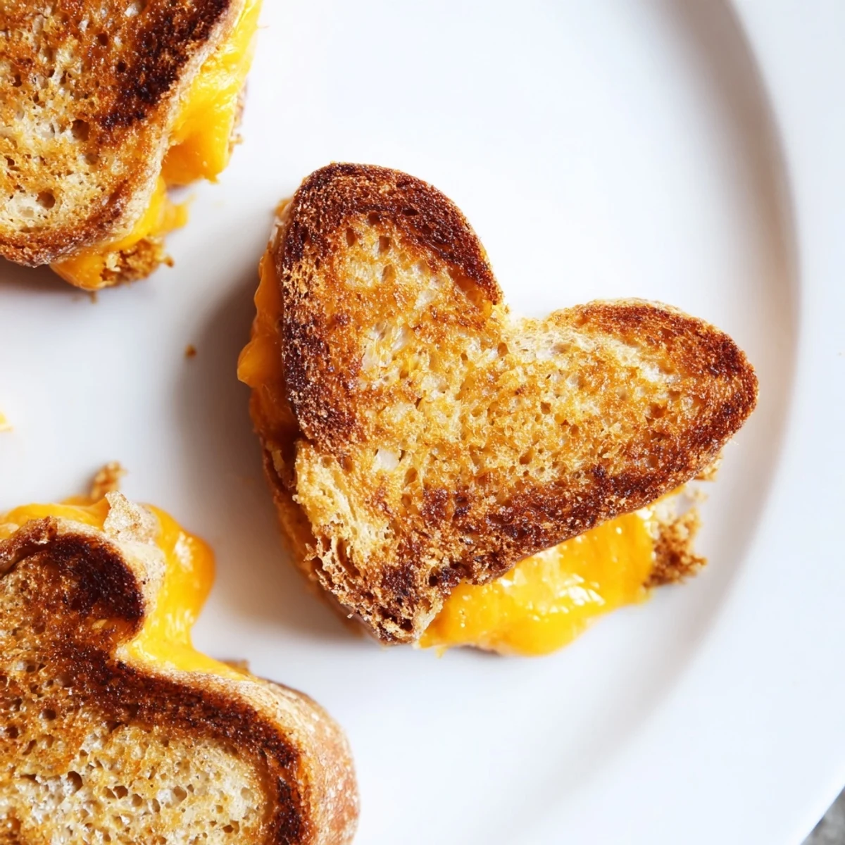 Freshly made Mini Grilled Cheese Hearts stacked on a platter, perfect for a party snack.