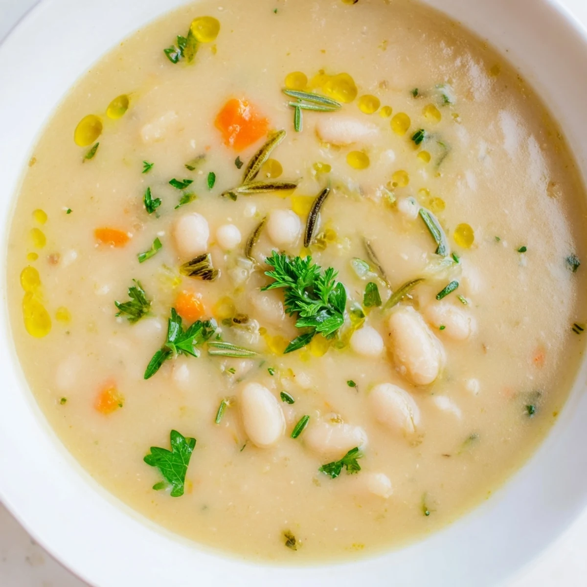 Creamy rosemary and roasted garlic white bean soup served hot in a rustic bowl with crusty bread.