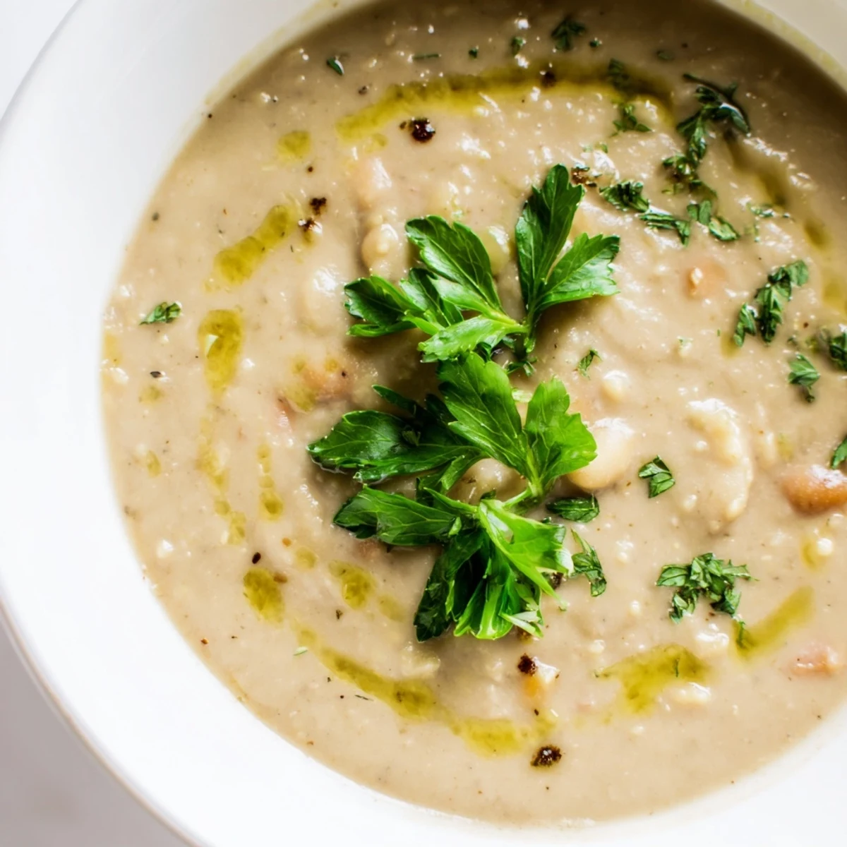 Close-up of rosemary and roasted garlic white bean soup showing creamy texture and tender white beans in broth.