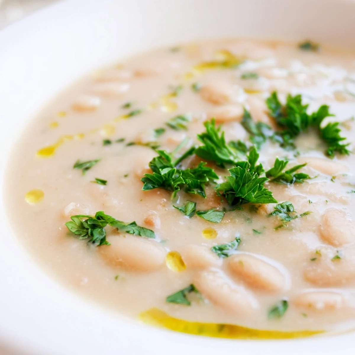Vibrant rosemary and roasted garlic white bean soup garnished with fresh parsley and a drizzle of olive oil.