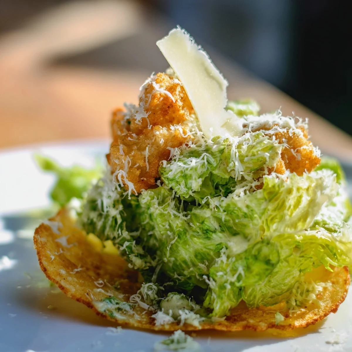 Homemade Crispy Chicken Caesar Salad Chips are plated with tangy Caesar dressing and shaved parmesan for a savory bite.