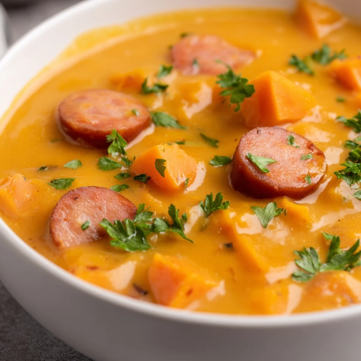 A bowl of creamy sweet potato and sausage soup garnished with fresh parsley, steam rising from the velvety orange broth.