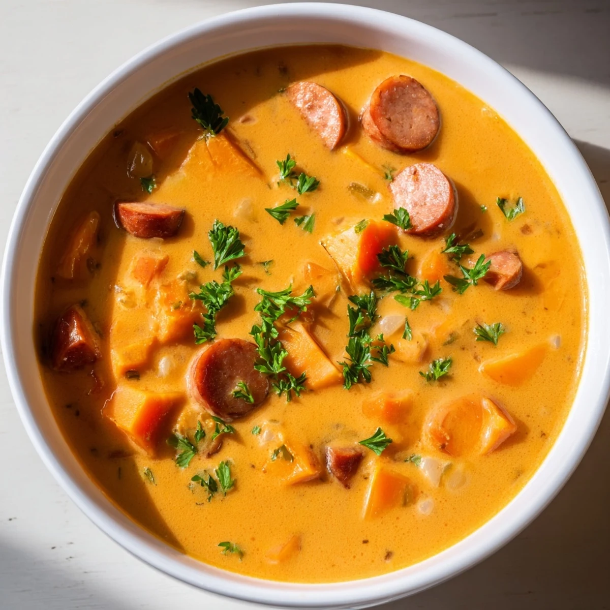 Sliced smoked sausage and tender diced sweet potatoes in a hearty, creamy soup served in a rustic ceramic bowl.
