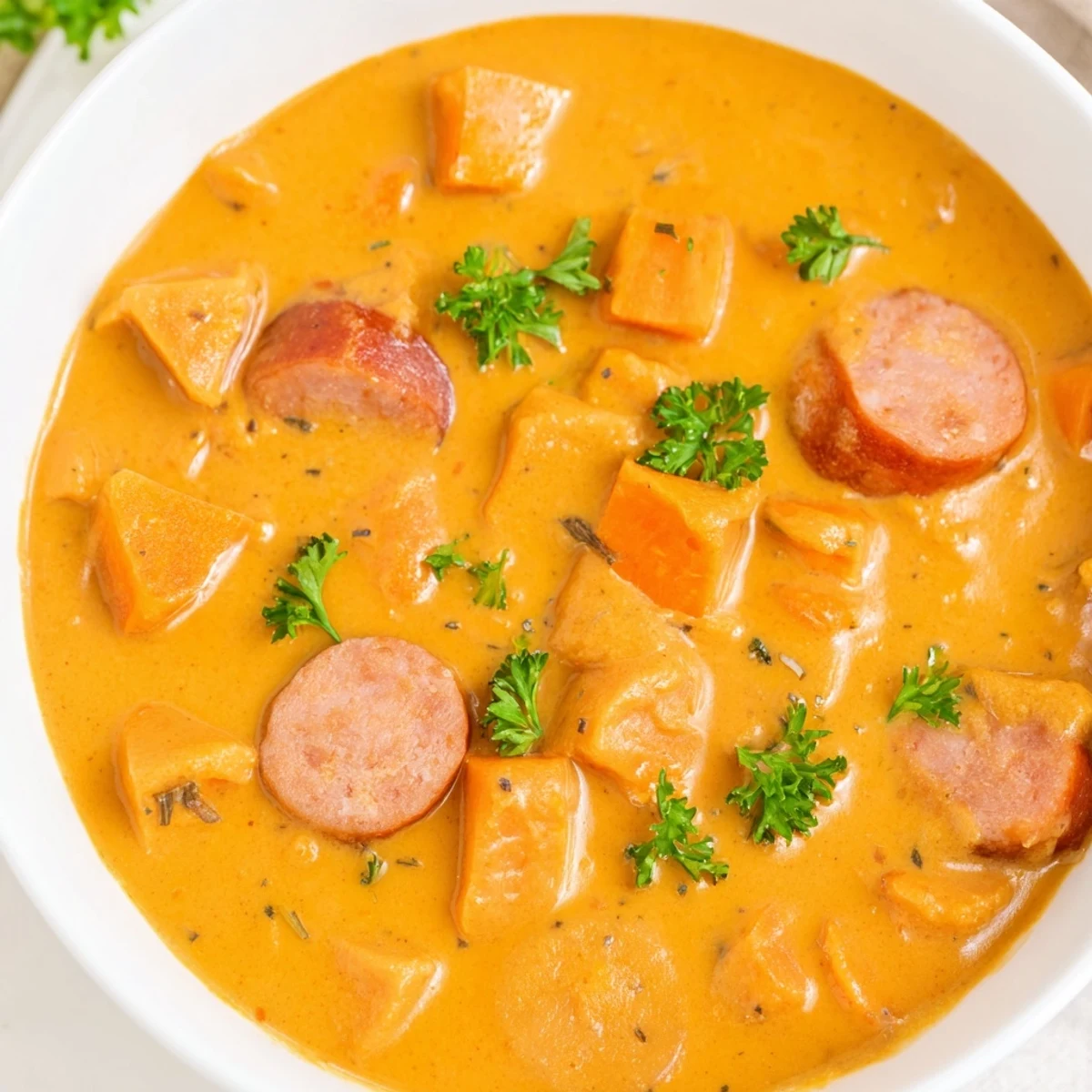 Warm comforting spoonful of sweet potato and sausage soup with a drizzle of cream and a sprinkle of paprika.
