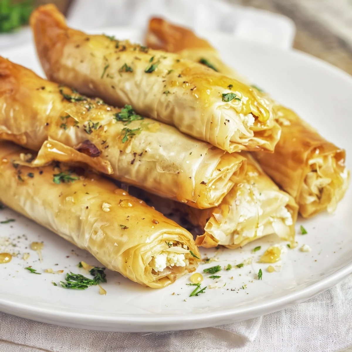 Oven Fried Feta Rolls With Chili Honey appear golden and crisp on a serving platter, drizzled with sweet and spicy glaze.