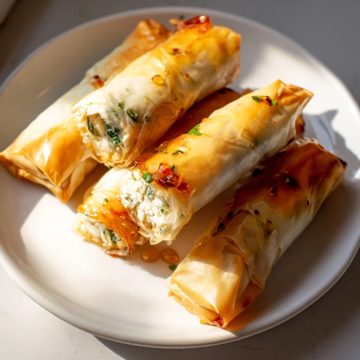 These Oven Fried Feta Rolls With Chili Honey sit beside a fresh salad, perfect for a Mediterranean appetizer spread.