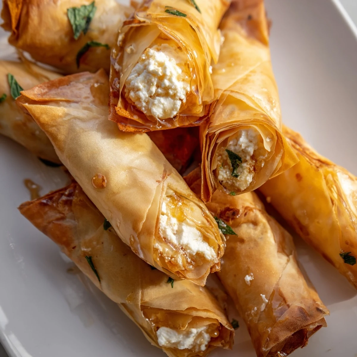 Fresh herbs and flaky filo shine in these Oven Fried Feta Rolls With Chili Honey, ready to serve warm.
