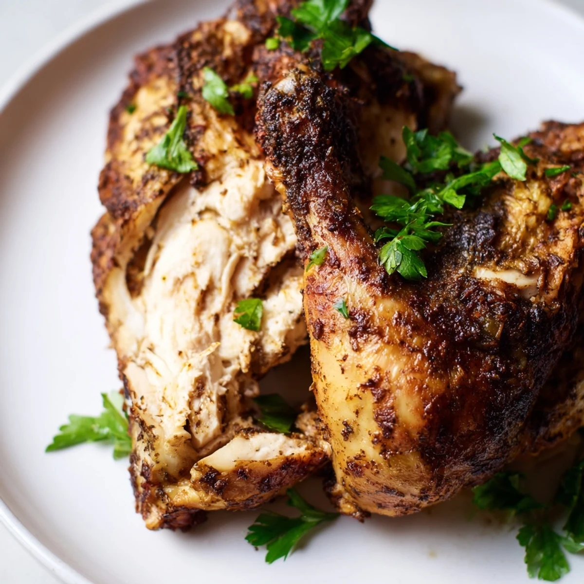 Whole roasted zaatar chicken presented on a rustic platter, garnished with zaatar spice and lemon wedges, ready to be carved for a family dinner.