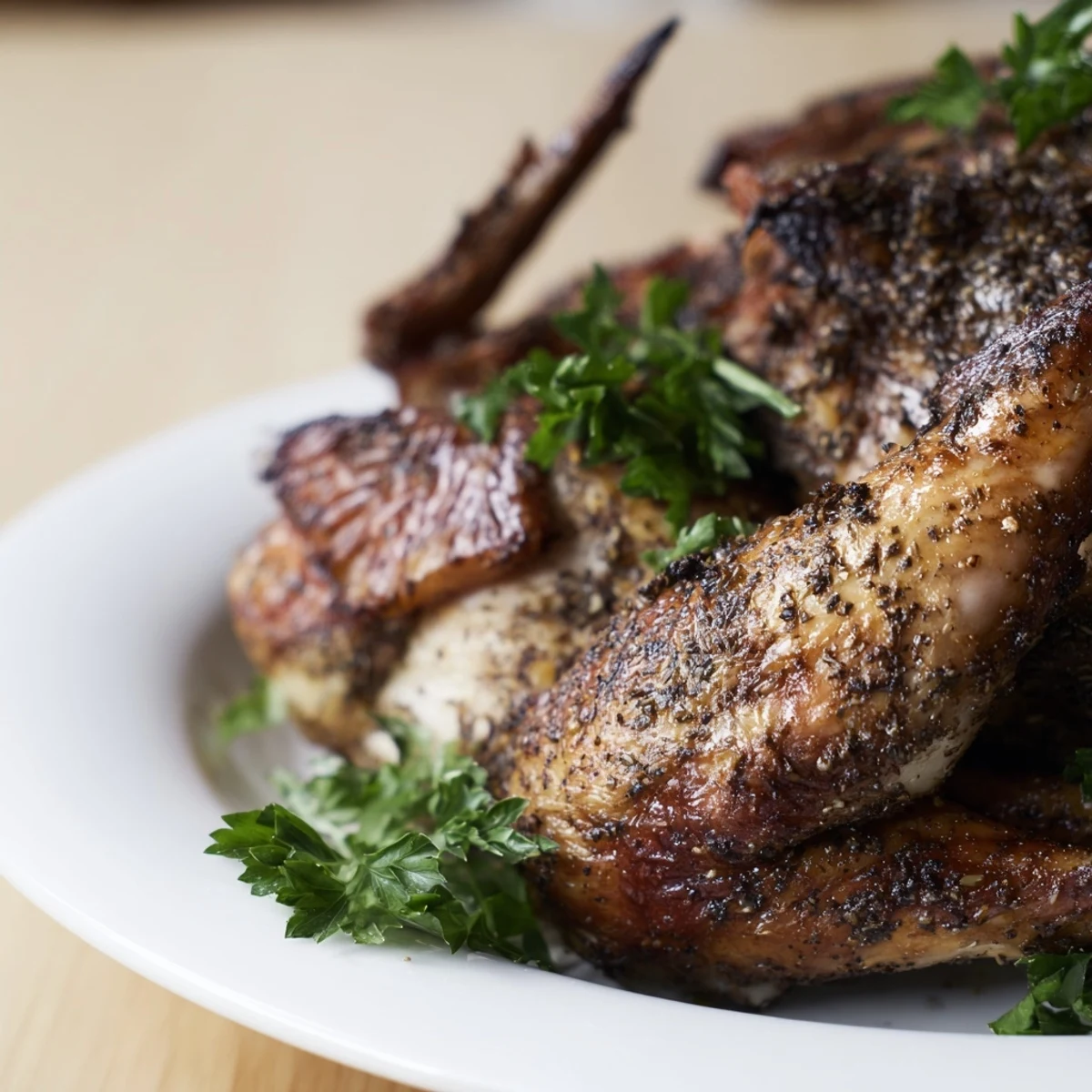 A close-up view of roasted zaatar chicken breast showing juicy, tender meat, garnished with fresh parsley and served alongside a colorful vegetable medley.
