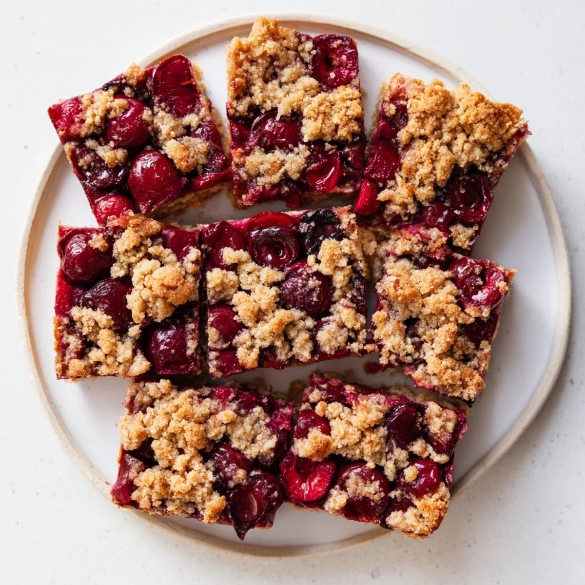 Golden-brown Cherry Crumble Bars with a sweet-tart cherry filling, crumbly buttery topping, served on a rustic wooden board.