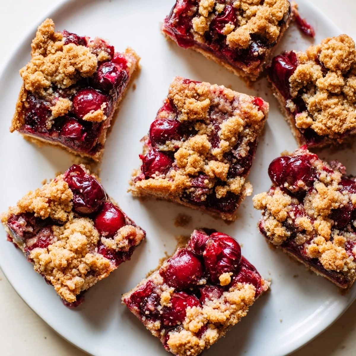 A close-up of Cherry Crumble Bars revealing juicy cherry filling and a crispy oat crumble topping on a cooling rack.