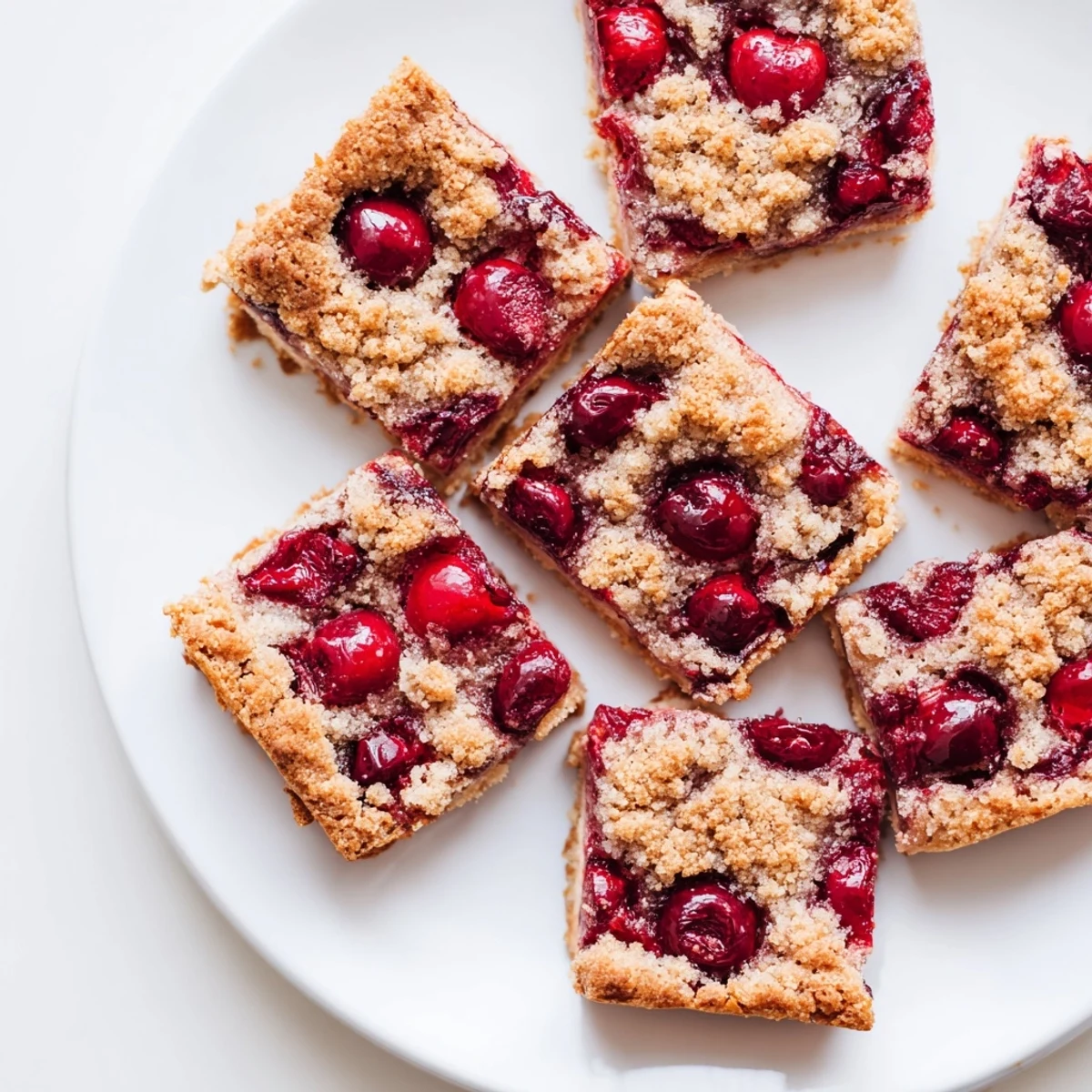 Freshly baked Cherry Crumble Bars stacked on a plate, drizzled with icing, ready to be served as an easy dessert.