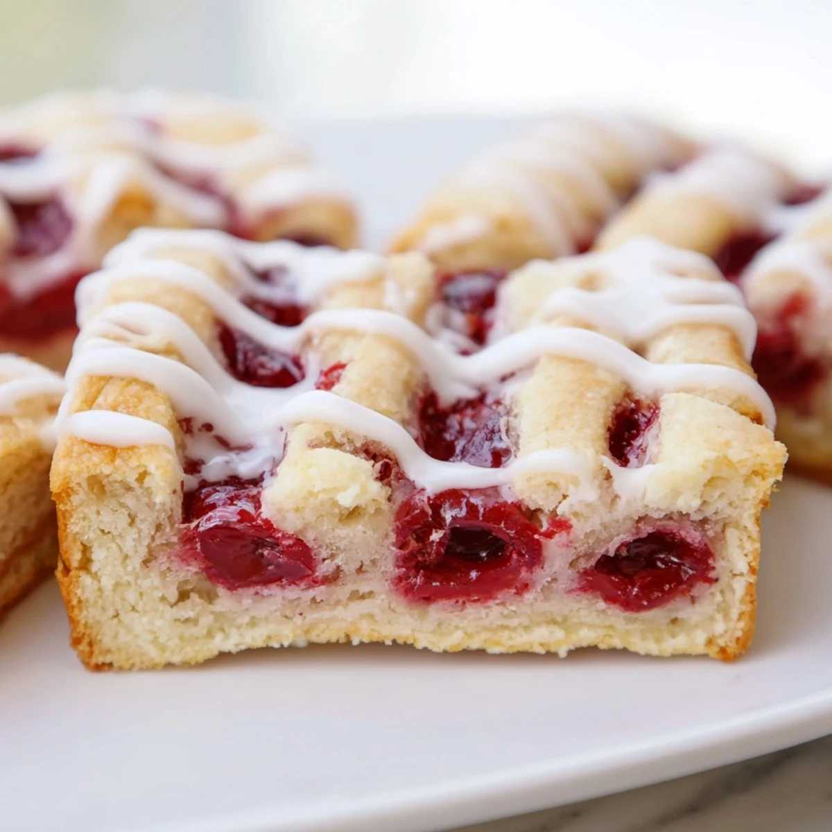 A close-up of homemade Easy Cherry Pie Bars on a rustic wooden board, with a sweet sticky glaze drizzled over the red cherry filling.