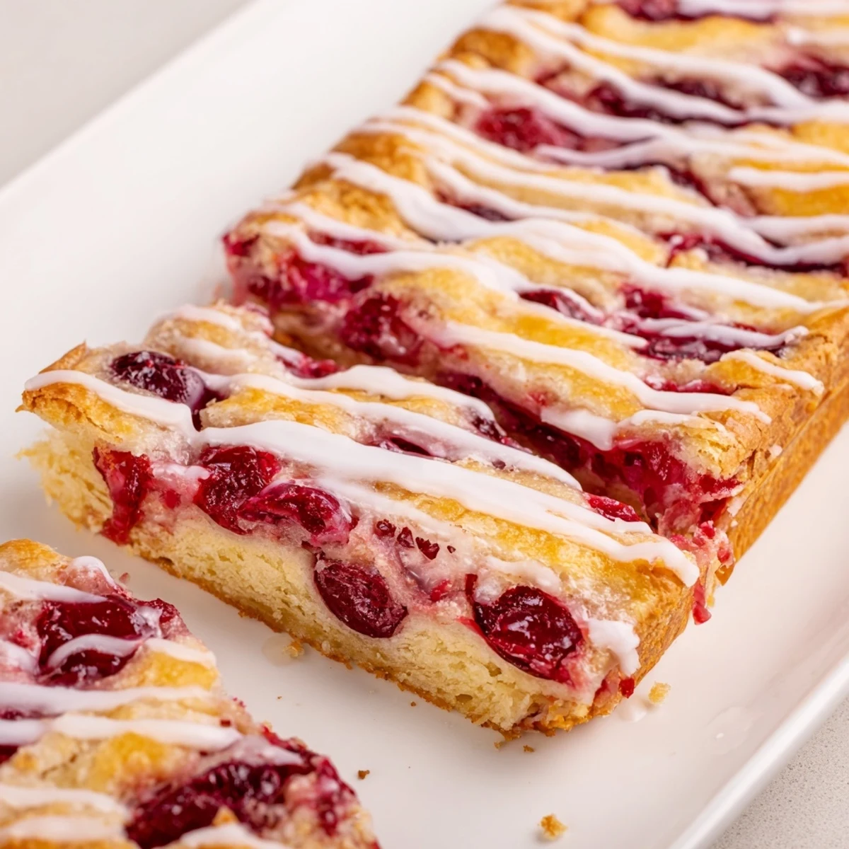 Easy Cherry Pie Bars arranged on a white ceramic plate next to a glass of milk, showcasing the golden-brown crumble texture.