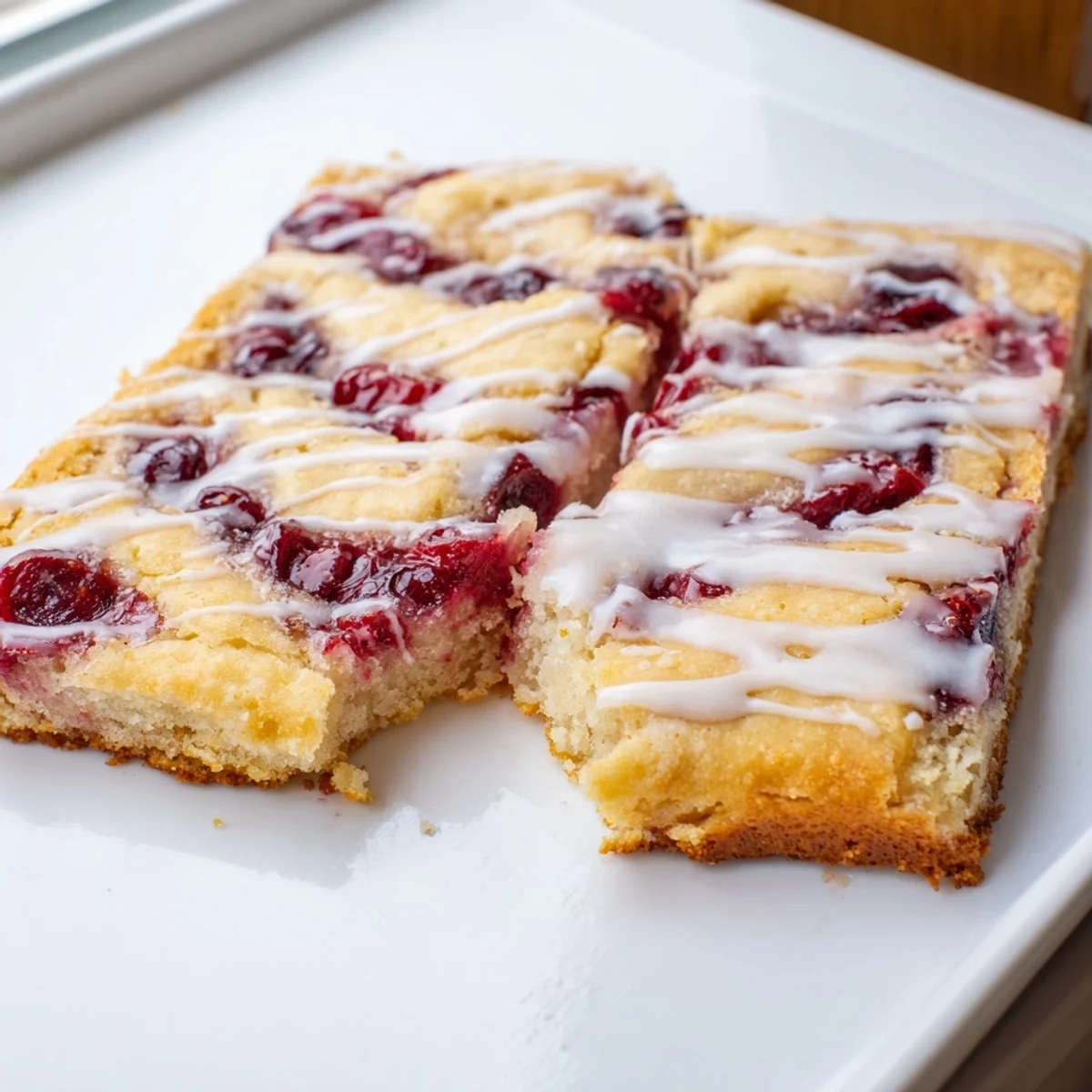 A slice of Easy Cherry Pie Bars being lifted with a spatula, revealing layers of buttery dough and vibrant cherry pie filling.